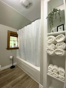 a bathroom with a shower with white towels at ENTIRE 2-BEDROOM TOWNHOUSE ON a RUSTIC FARM - C in Arkona