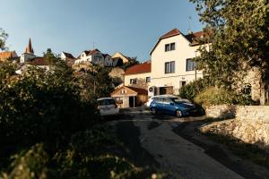 a blue car parked on the side of a street at Dům Nad Řekou in Znojmo