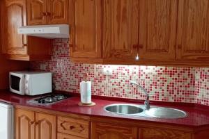 a kitchen counter with a sink and a microwave at Volcán de Sal in Mazo