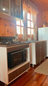 a kitchen with a microwave on a counter top at Chalé Campos Da Serra in São José dos Ausentes