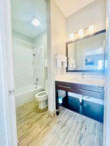 a bathroom with a sink and a toilet and a mirror at Americas Best Value Inn Arlington in Arlington