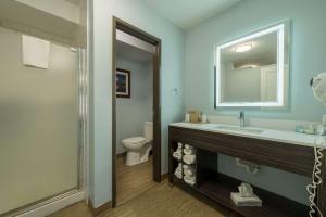 a bathroom with a sink and a toilet and a mirror at Quality Inn & Suites Manitou Springs at Pikes Peak in Manitou Springs