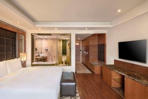 a bedroom with a large bed and a television at Radisson Blu Plaza Delhi Airport in New Delhi