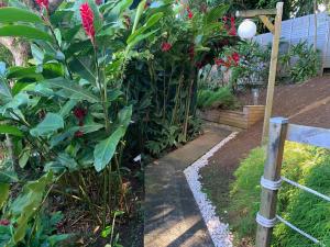 トロワ・リヴィエールにあるBungalow Bananierの柵と赤い花の植物のある庭