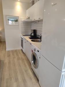uma cozinha com uma máquina de lavar roupa e um lavatório em Göteborgs Pärla em Gotemburgo