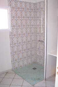 y baño con ducha y pared de azulejos. en Le Fenouillet Chambres D'hotes proche des Grands Buffets, en Narbona