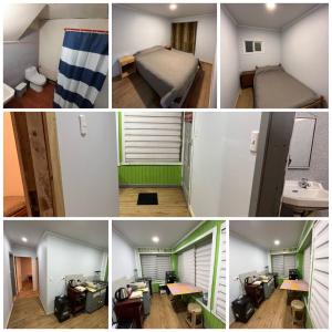 un collage de fotos de una habitación con 1 cama y 1 dormitorio en Departamento centro de Castro, en Castro