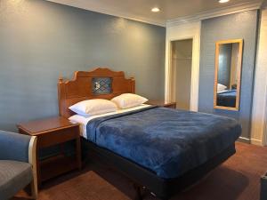 ein Schlafzimmer mit einem Bett, einem Stuhl und einem Spiegel in der Unterkunft Welcome Inn in Los Angeles