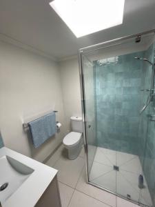 uma casa de banho com uma cabina de duche em vidro e um WC. em Lorne Haven em Lorne