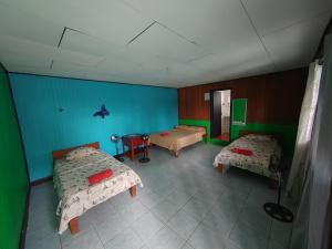 - 2 lits dans une chambre aux murs bleus et verts dans l'établissement Hotel Gaviotas de Osa, à Sierpe