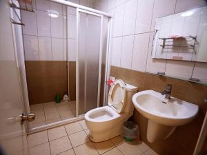 een badkamer met een douche, een toilet en een wastafel bij 圓圓民宿 in Dacun