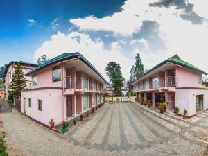 a row of pink buildings on a cobblestone street at Hotel Hills Palace in Ooty