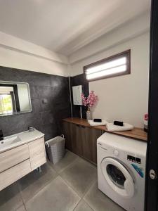 uma casa de banho com uma máquina de lavar roupa e um lavatório em 2 accomodations -Studio du Manoir -Le Manoir em Punaauia