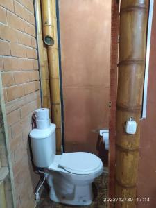 a bathroom with a toilet in a brick wall at La cabaña de Noé in Florida