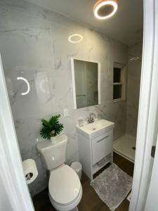 a white bathroom with a toilet and a sink at Modern 3Bed 2Bath Ranch with DIY Art Porch 3TVs and Huge Front Yard to Enjoy! in Calumet City