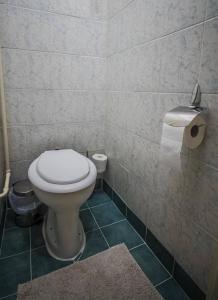 La salle de bains est pourvue de toilettes et d'un rouleau de papier toilette. dans l'établissement Főtér Apartman, à Szarvas