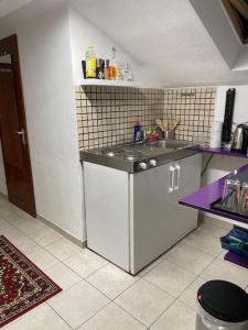 uma cozinha com um lavatório e uma bancada roxa em Comfortable apartment in commercial centre em Unterhaching