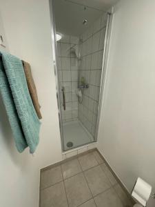 a bathroom with a shower with a glass door at Comfortable apartment in commercial centre in Unterhaching