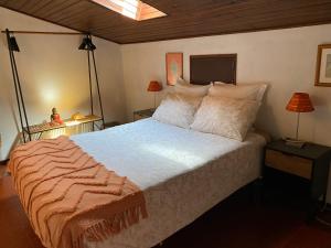 托里什韋德拉什的住宿－Silver Coast Beach House，一间卧室配有一张大床和两盏灯。