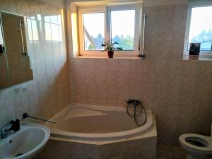 La salle de bains est pourvue d'une baignoire, d'un lavabo et de toilettes. dans l'établissement Vila La Perla, à Kutná Hora