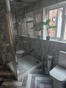uma casa de banho com um chuveiro e um WC. em Carlisle City Centre The Gavel em Carlisle