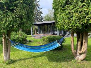 A tiny house with a garden and a hot tube في Pringi: أرجوحة زرقاء معلقة بين شجرتين في ساحة