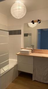 een badkamer met een wastafel, een spiegel en een bad bij Beau 3 pièces cosy avec parking et terrasse in Bordeaux