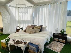 a bed in a room with white curtains and a table at Coonawarra Hampton Bubble 2 in Comaum +11 photos