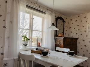 ein Esszimmer mit einem Tisch und einem Fenster in der Unterkunft Bull-August gård vandrarhem/hostel in Arholma