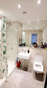 y baño con ducha, aseo y lavamanos. en Luxury 1 bed apartment-sea view, en Bournemouth
