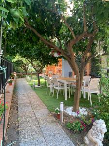 un giardino con tavolo e sedie sotto un albero di Dimora Leone a Diamante