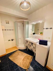 La salle de bains est pourvue d'un lavabo, d'une douche et d'un miroir. dans l'établissement Voiles sur Morlaix: vue port, 4 personnes, parking, à Morlaix