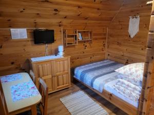 a bedroom with a bed and a tv in a log cabin at Domki u Łosia Bieszczady & Sauna in Polańczyk