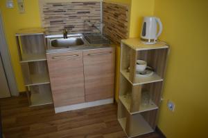 a small kitchen with a sink and wooden shelves at Apartment Airport Sofia in Sofia