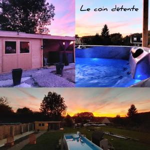 a collage of three pictures of a sunset and a pool at La chambre secrète in Longueval