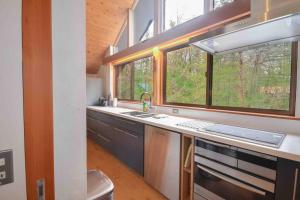 a kitchen with a sink and two windows at Muskoka House — Stunning architect-designed chalet in Hakuba