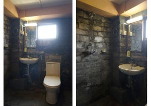 two pictures of a bathroom with a toilet and a sink at Depche Village Resort in Bandipur