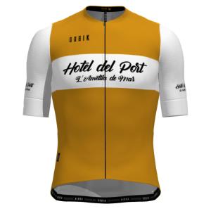 a yellow and white cycling jersey with the words hold off pot at Hotel del Port in L'Ametlla de Mar