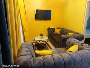 a living room with a couch and a tv at Wusiiza Homestay Kisumu in Kisumu