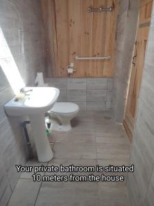 a bathroom with a white sink and a toilet at La baraque des artistes in Laharie