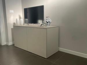 a tv on a white cabinet with a vase on it at Ca'Sazen Trilo 19 in Brescia