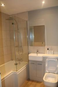 a bathroom with a shower and a toilet and a sink at Coleridge house Private parking NETFLIX in Swindon