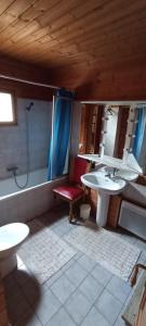 a bathroom with a sink and a shower and a mirror at Spacieux Chalet in Les Chapelles