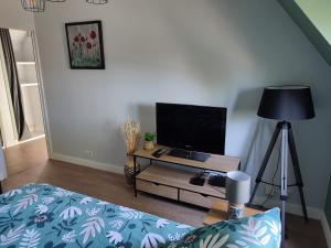 sala de estar con mesa y TV en Green cosy, en Louviers