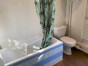 a bathroom with a toilet and a shower curtain at Appart Rez de jardin in Dijon +10 photos
