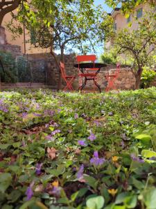 einen Tisch und Stühle in einem Garten mit Blumen in der Unterkunft Apartment with private Garden in Finale Ligure