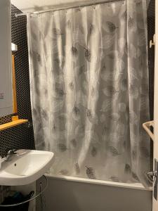 baño con cortina de ducha y lavamanos en Appartement pour 6 personnes au pied des pistes au calme aux Menuires les Asters en Les Menuires