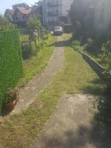 un chemin dans une cour avec une voiture qui descend dans l'établissement VILA MILA SOKOBANJA, à Sokobanja