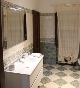 a bathroom with a sink and a mirror and a shower at Un sorriso sul Viso in Martiniana Po