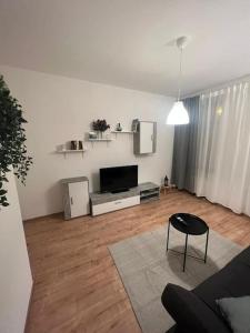 sala de estar con sofá, TV y mesa en Lichtung Appartement - *WLAN**Netflix**Stadion-Nah* en Leipzig